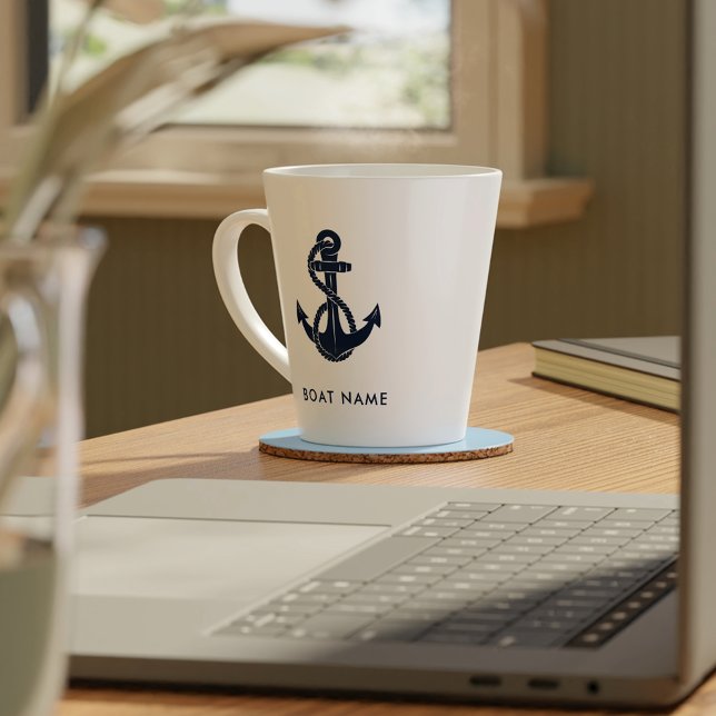 Custom Nautical Boat Name Navy Blue Anchor Latte Mug (Nautical Anchor Navy Blue Name Latte Mug)