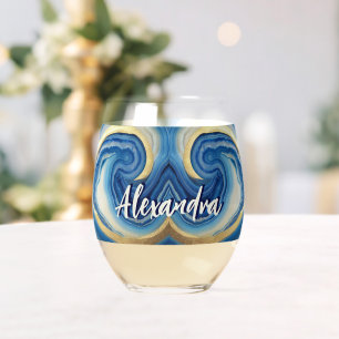 Custom Nautical Boat Name Navy Blue White Marble Stemless Wine Glass