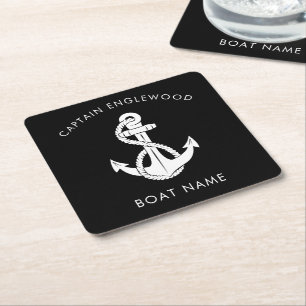 Custom Nautical Captain Boat Anchor and Name Square Paper Coaster
