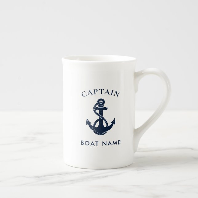 Custom Nautical Captain Boat Anchor Navy Bone China Mug (Right)