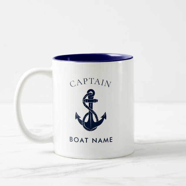 Custom Nautical Captain Boat Anchor Navy Two-Tone Coffee Mug (Left)