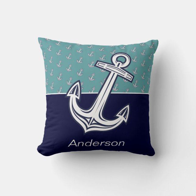 Custom Nautical Coastal Anchor Teal Navy Blue  Cushion (Front)