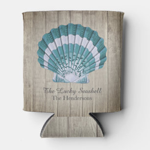 Custom Nautical Coastal Blue Seashell Monogram Can Cooler