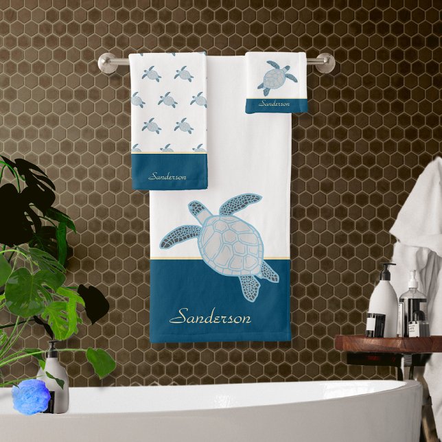 Custom Nautical Coastal Sea Turtle Blue and Grey   Bath Towel Set (Creator Uploaded)