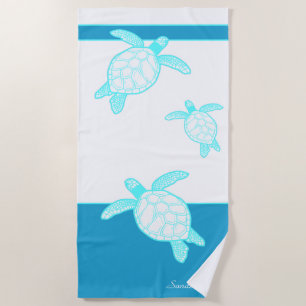 Custom Nautical Coastal Sea Turtle Blue Teal White Beach Towel
