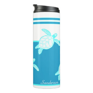 Custom Nautical Coastal Sea Turtle Blue Teal White Thermal Tumbler