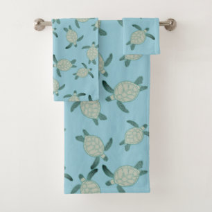 Custom Nautical Coastal Sea Turtle Dusty Blue  Bath Towel Set