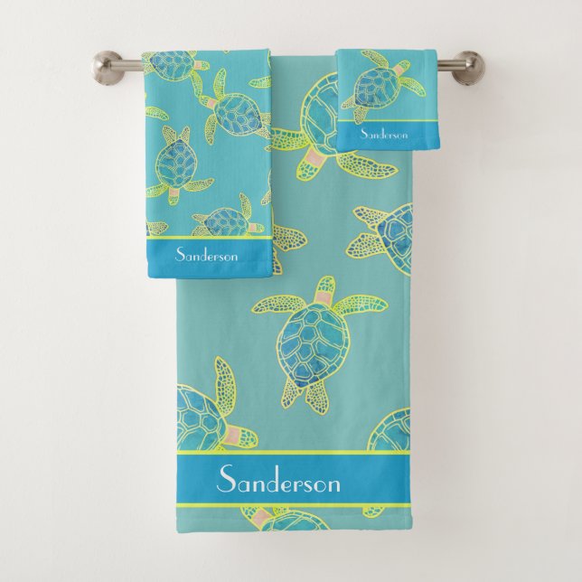 Custom Nautical Coastal Sea Turtle Teal Blue Bath  Towel Set (Insitu)