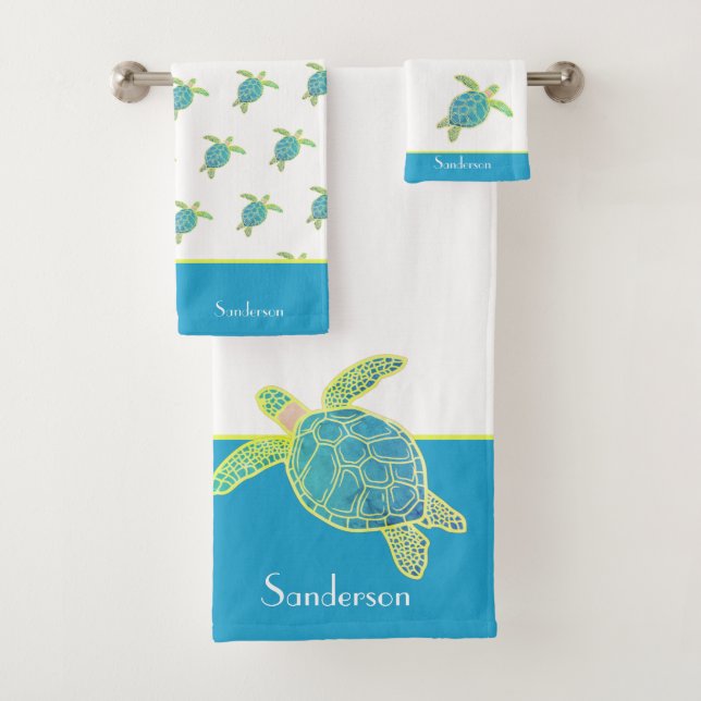 Custom Nautical Coastal Sea Turtle Teal Blue Bath Towel Set (Insitu)