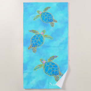 Custom Nautical Coastal Sea Turtle Turquoise Beac Beach Towel