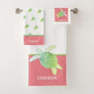Custom Nautical Coastal Sea Turtle  White Coral Bath Towel Set