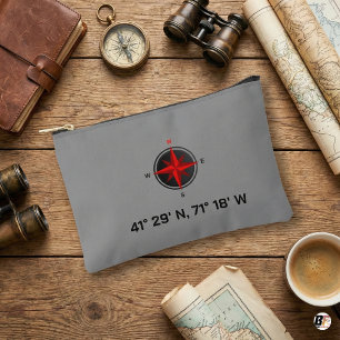 Custom Nautical Compass & Coordinates 41° N 71° W Accessory Pouch
