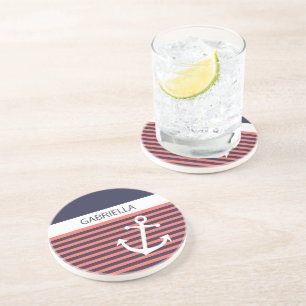 Custom Nautical Coral Orange Stripe Pattern Coaster