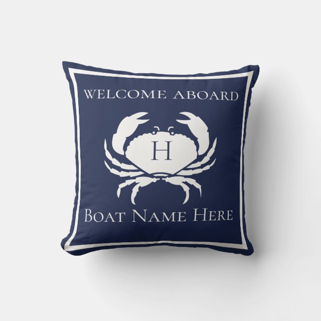 Custom Nautical CRAB White Navy Blue Boat Cushion (Front)