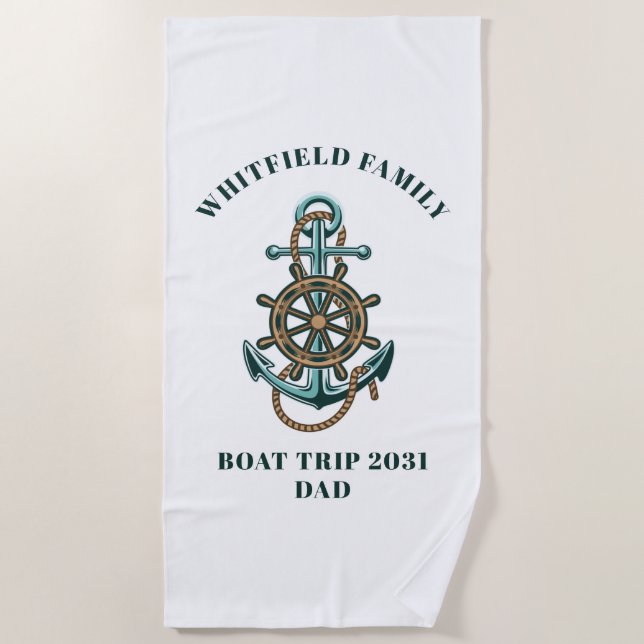 Custom Nautical Family Cruise Vacation Boat Trip Beach Towel (Front)
