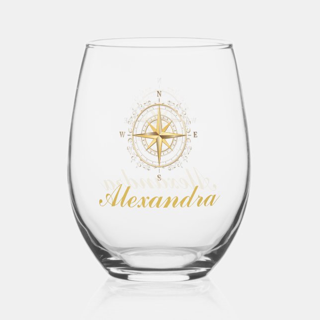 Custom Nautical Gold Colour Boat Compas Stemless Wine Glass (Front)
