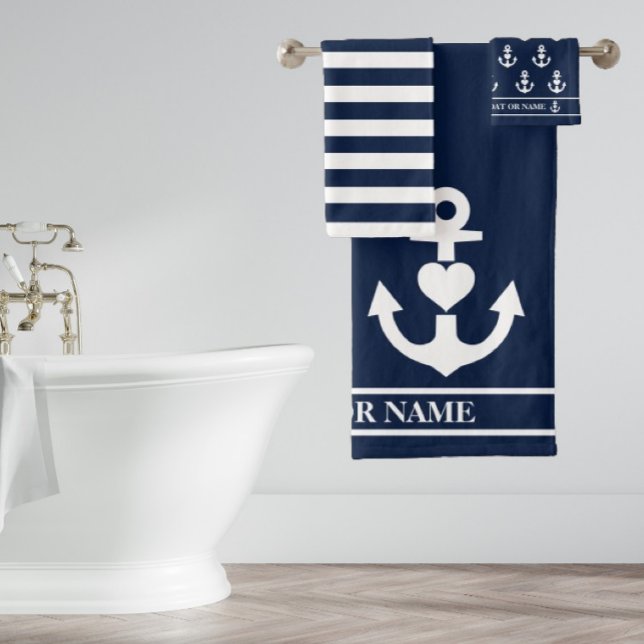 Custom Nautical Heart Anchor Navy White Stripes Bath Towel Set (Creator Uploaded)