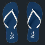 Custom nautical monogram beach wedding flip flops<br><div class="desc">Personalised beach wedding flip flops for bride and groom or guests. Elegant party favour set with custom last name or monogram and sailing ship / boat anchor icon. Custom background and strap colour for him and her / men and women. Romantic navy blue and white his and hers wedge sandals...</div>