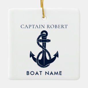 Custom Nautical Navy Blue Boat Anchor Captain Ceramic Ornament