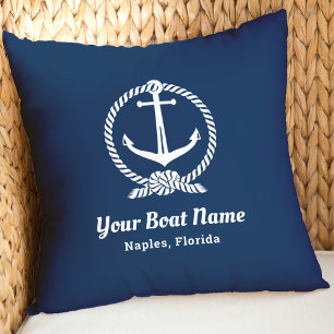 Custom Nautical Navy Blue Boat Name Anchor Cushion