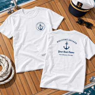 Custom Nautical Navy Blue Captain and Boat Name T-Shirt