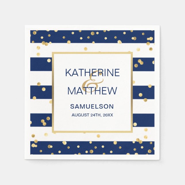 Custom Nautical Navy Blue Gold Wedding Paper Napkin (Front)