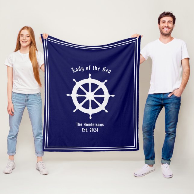 Custom Nautical Navy Blue White Fleece Blanket (In Situ)