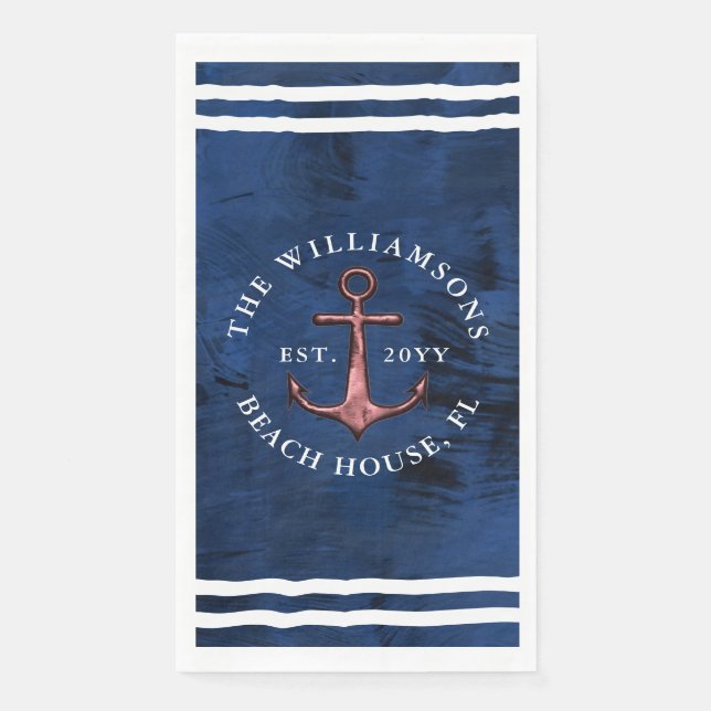 Custom Nautical Navy Blue White Rose Gold Anchor Napkin (Front)