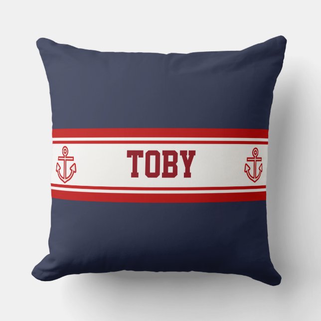 Custom Nautical Navy Red Stripes Cushion (Front)