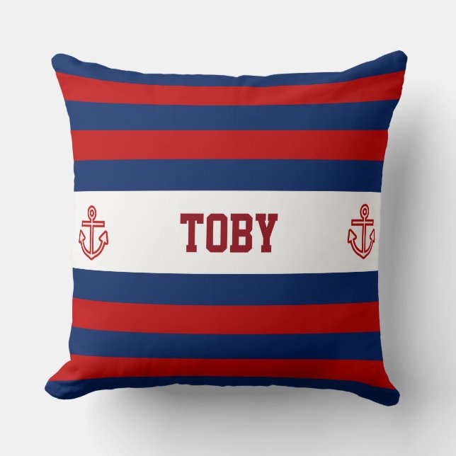 Custom Nautical Navy Red Stripes Cushion (Front)
