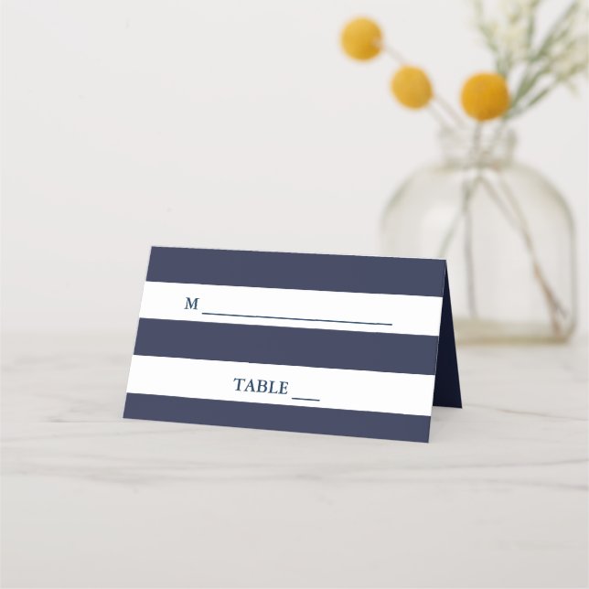 Custom nautical navy stripes wedding place cards (Front)