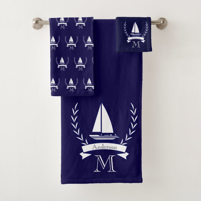 Custom Nautical  Sailboat Bathroom Ocean Navy Blue Bath Towel Set (Insitu)