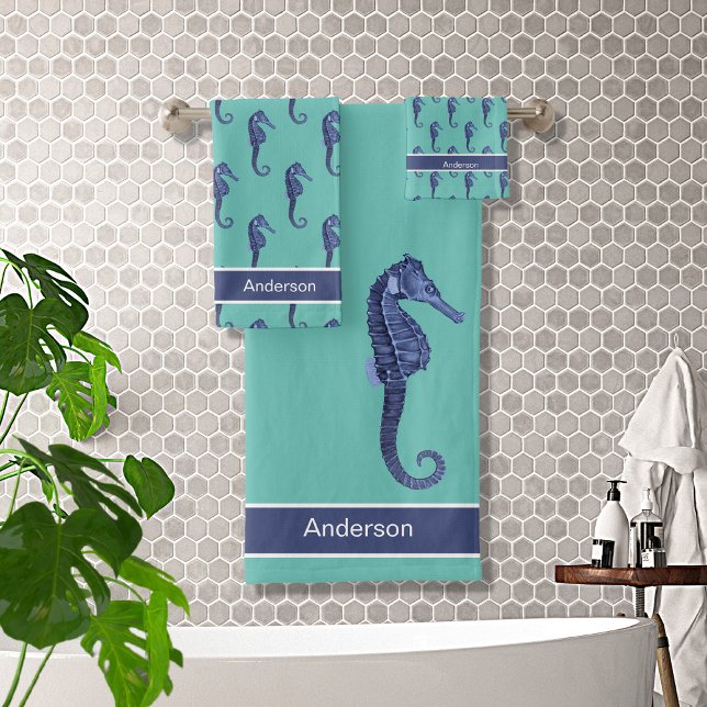 Custom Nautical Seahorse Bathroom Sea Blue Bath To Bath Towel Set (Creator Uploaded)