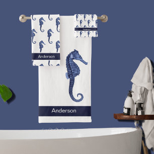 Custom Nautical Seahorse Bathroom Sea Blue Bath To Towel Set