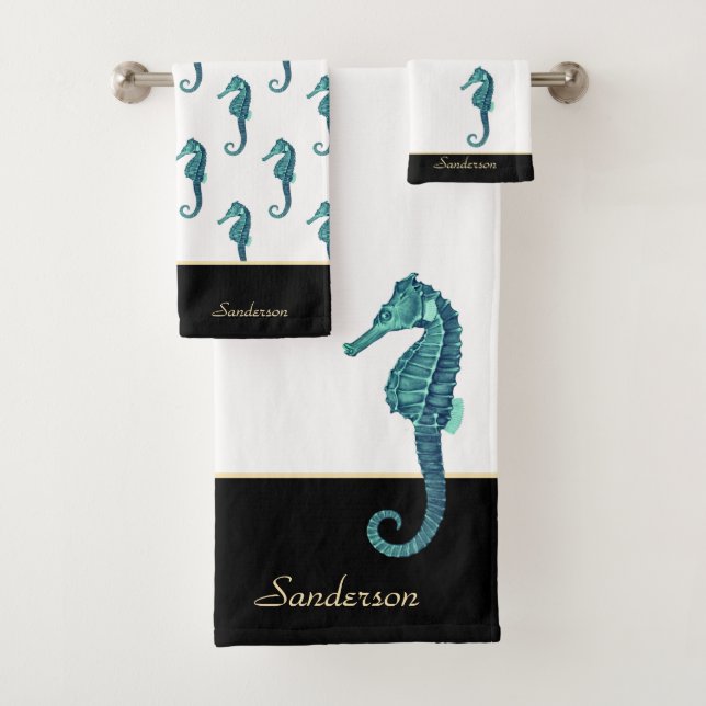 Custom Nautical Seahorse Bathroom Teal Blue Aqua  Bath Towel Set (Insitu)