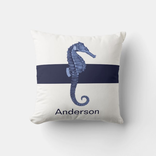 Custom Nautical Seahorse Navy Blue Ocean Beach Cushion (Front)