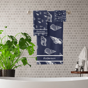 Custom Nautical Seashell Bathroom Ocean Navy Blue  Bath Towel Set
