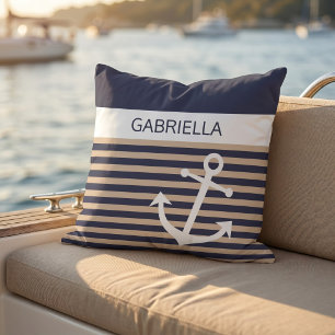 Custom Nautical Taupe Beige Brown Stripe Pattern Cushion