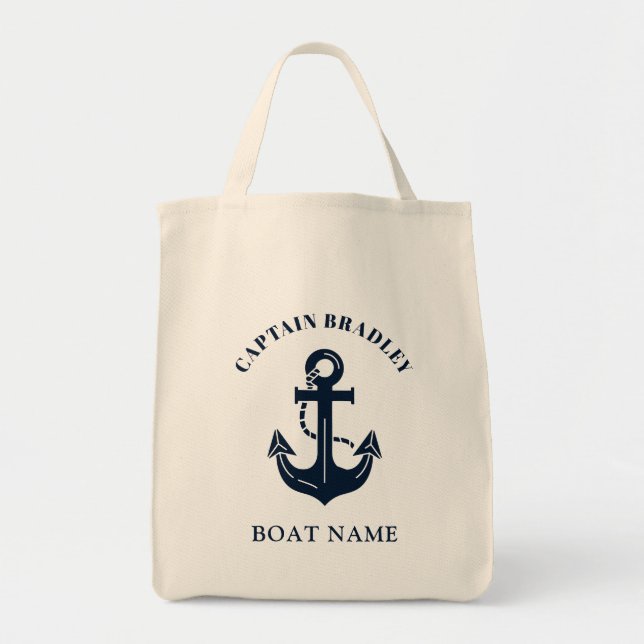 Custom Nautical Theme Boat Name Captain Identity Tote Bag (Front)