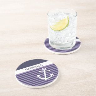 Custom Nautical Violet Purple Stripe Pattern Coaster