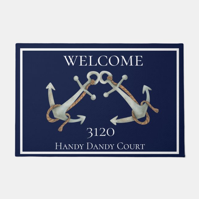 Custom Nautical White Navy Blue Anchors Doormat (Front)