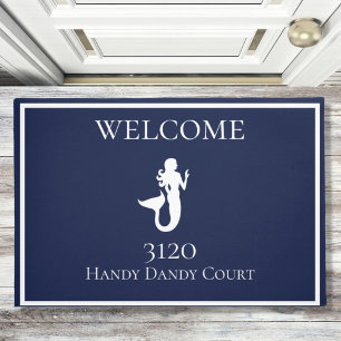 Custom Nautical White Navy Blue Mermaid Doormat