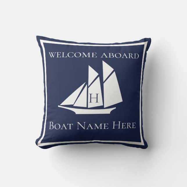 Custom Nautical White Navy Blue Sailboat Cushion (Front)