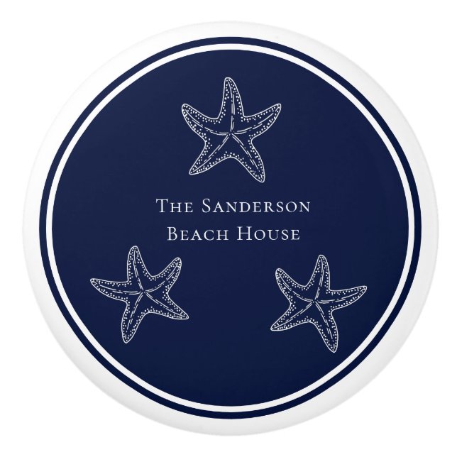 Custom Nautical White Navy Blue Starfish Beach  Ceramic Knob (Front)
