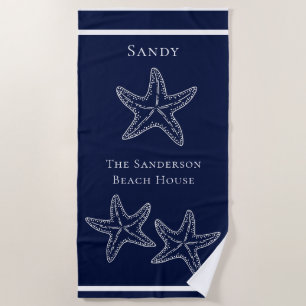 Custom Nautical White Navy Blue Starfish Beach T Towel