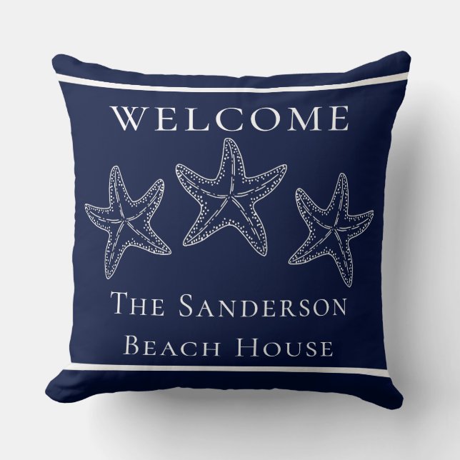 Custom Nautical White Navy Blue Starfish Cushion (Front)