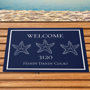 Custom Nautical White Navy Blue Starfish Doormat