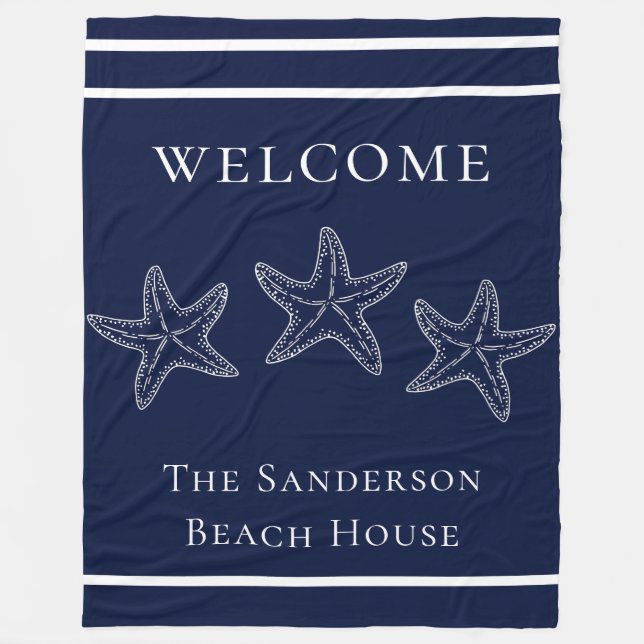 Custom Nautical White Navy Blue Starfish  Fleece Blanket (Front)