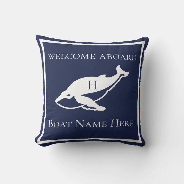 Custom Nautical White Navy Blue Whale Outdoor Pill Cushion (Front)