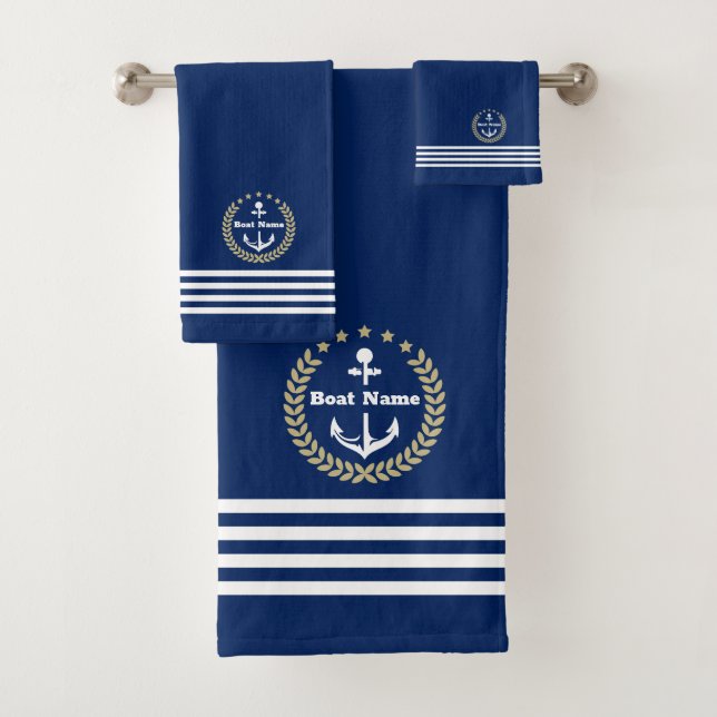 Custom Navy Bath Towel Set with Personalised Name (Insitu)